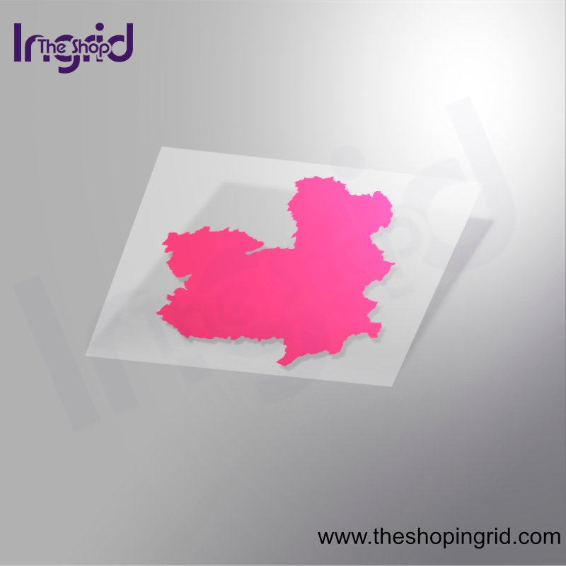 Vista de una pegatina decorativa con el diseño de un Mapa de Castilla La Mancha. en color rosa o magenta.