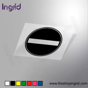 Vista de una pegatina decorativa con el diseño de una Señalética de Dirección Prohibida , en varios colores.