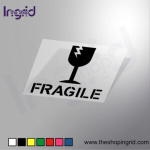 Vista de una pegatina decorativa con el diseño de una Señalética de la palabra Fragile, en varios colores.