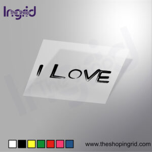 Vista de una pegatina decorativa con el diseño de I Love, en varios colores.
