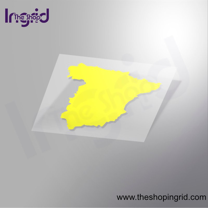 Vista de una pegatina decorativa con el diseño de un Mapa de España. en color amarillo.