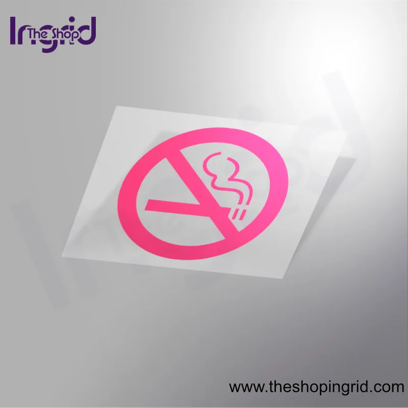 Vista de una pegatina decorativa con el diseño de una Señalética de Prohibido Fumar. en color rosa o magenta.