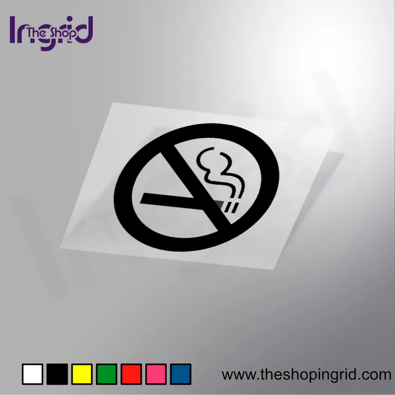 Vista de una pegatina decorativa con el diseño de una Señalética de Prohibido Fumar. en varios colores.