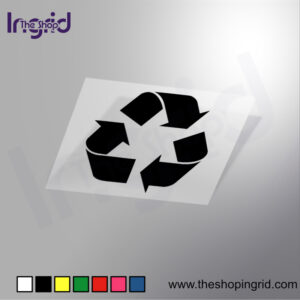 Vista de una pegatina decorativa con el diseño de una Señalética de Reciclar. en varios colores.