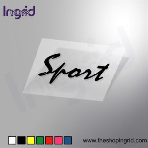 Vista de una pegatina decorativa con el diseño tipográfico de Sport, en varios colores,