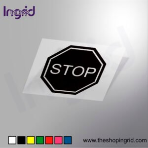Vista de una pegatina decorativa con el diseño de una Señalética de Stop. en varios colores.