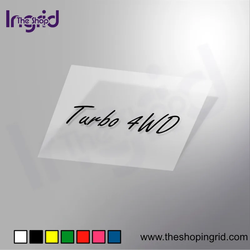 Vista de una pegatina decorativa con el diseño tipográfico de Turbo 4Wd, en varios colores.