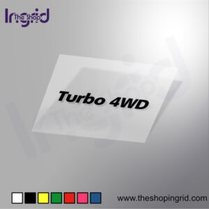 Vista de una pegatina decorativa con el diseño tipográfico de Turbo 4Wd, en varios colores.