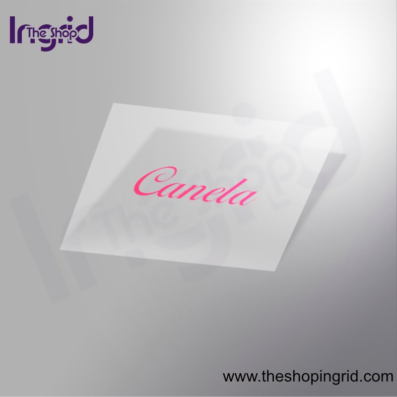 Vista de una pegatina decorativa del diseño de la palabra Canela en color rosa o magenta.