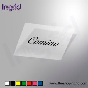 Vista de una pegatina decorativa del diseño de la palabra comino en varios colores.