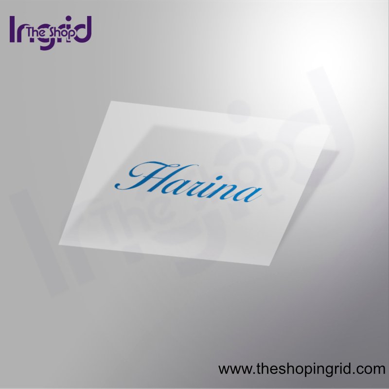 Vista de una pegatina decorativa del diseño de la palabra Harina en color azul.