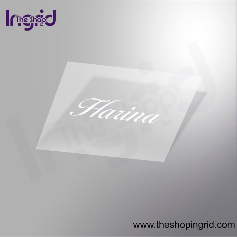 Vista de una pegatina decorativa del diseño de la palabra Harina en color blanco.