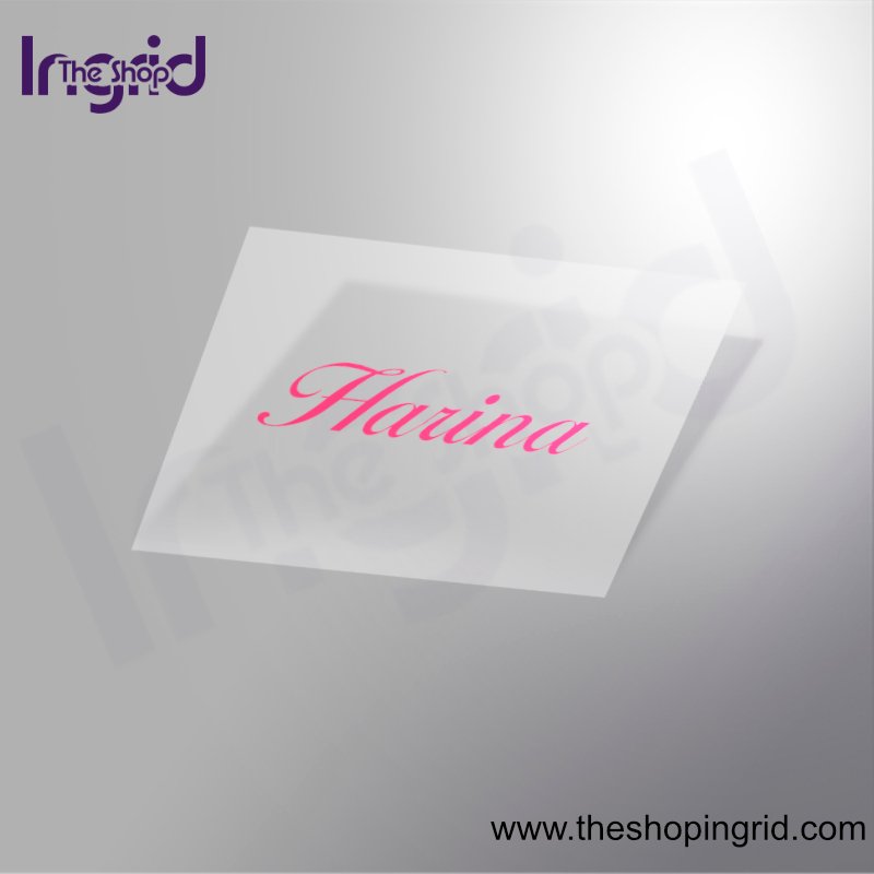 Vista de una pegatina decorativa del diseño de la palabra Harina en color rosa o magenta.