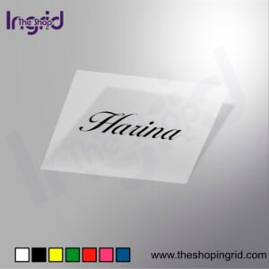 Vista de una pegatina decorativa del diseño de la palabra Harina en varios colores.