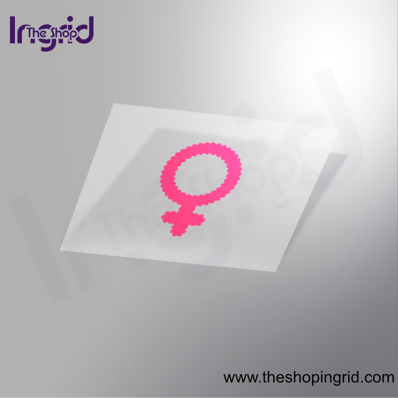 Vista de una pegatina decorativa con el diseño del símbolo de mujer en color rosa o magenta.