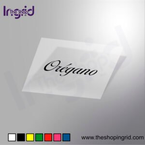 Vista de una pegatina decorativa del diseño de la palabra Orégano en varios colores.