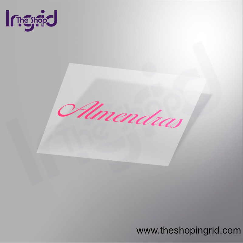 Vista de una pegatina decorativa del diseño de la palabra Almendras en color rosa magenta.
