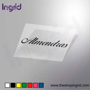 Vista de una pegatina decorativa del diseño de la palabra Almendras en varios colores.