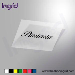 Vista de una pegatina decorativa del diseño de la palabra Pimienta en varios colores.