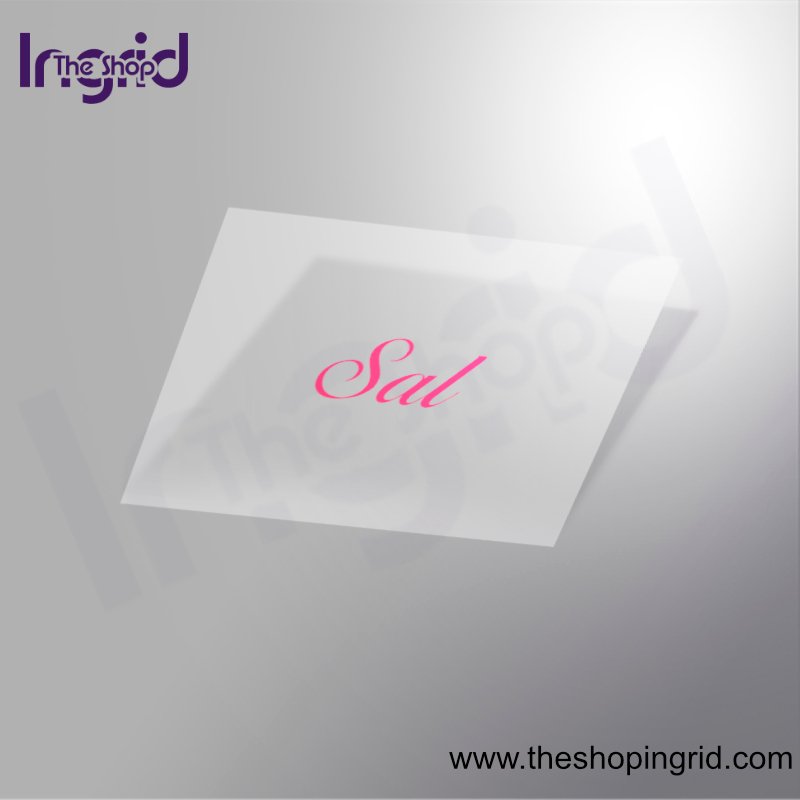 Vista de una pegatina decorativa del diseño de la palabra Sal en color rosa o magenta.