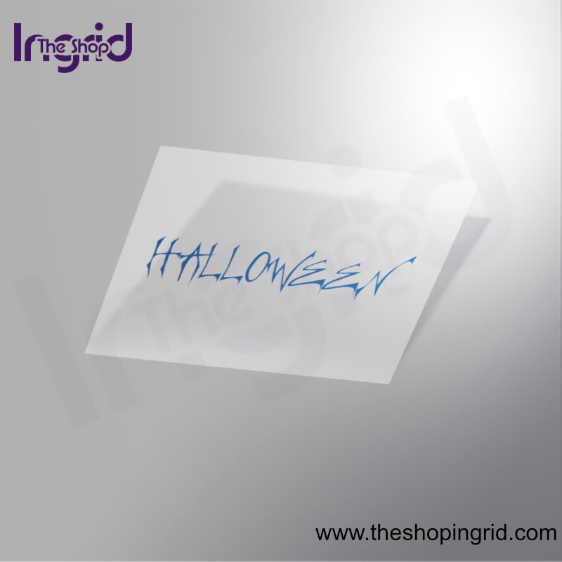 Vista de una pegatina decorativa del diseño de la palabra Halloween en color blanco.