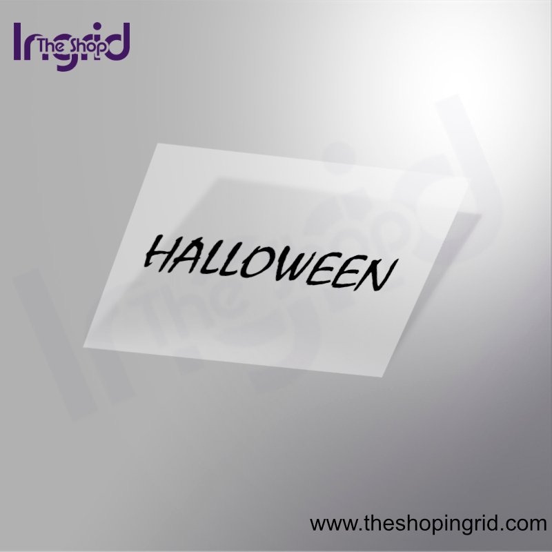 Vista de una pegatina decorativa del diseño de la palabra Halloween en color negro.