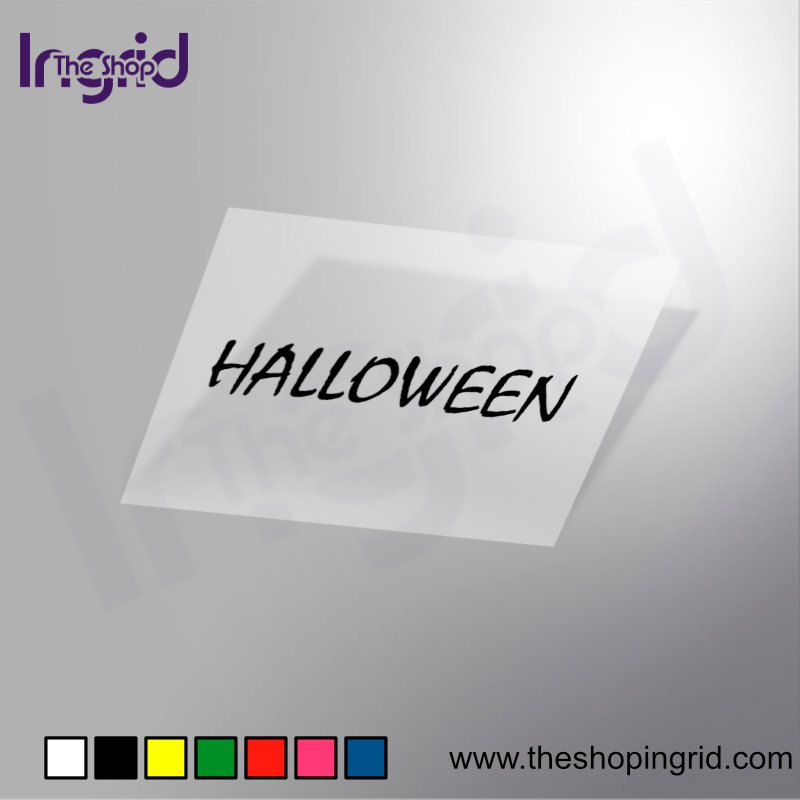 Vista de una pegatina decorativa del diseño de la palabra Halloween en varios colores.