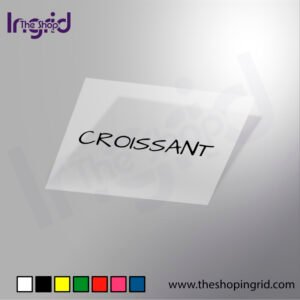 Vista de una pegatina decorativa del diseño tipográfico de la Palabra Croissant en varios colores.