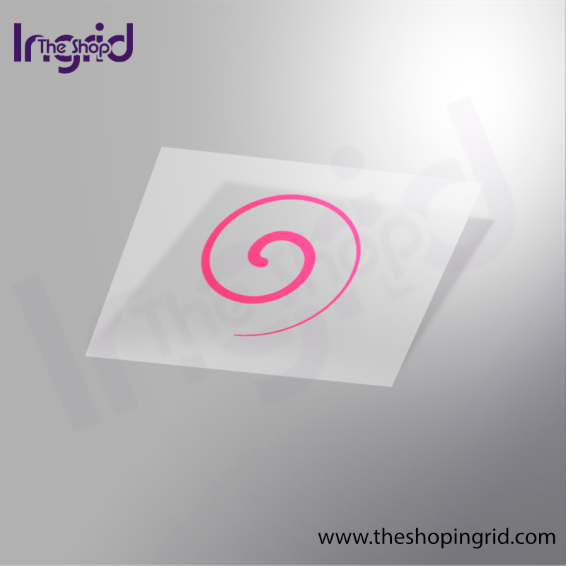 Vista de una pegatina decorativa del diseño de una espiral de hipnosis en color rosa o magenta.