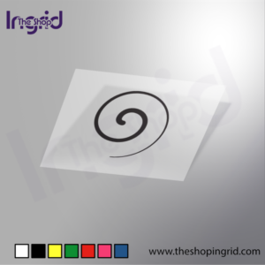 Vista de una pegatina decorativa del diseño de una espiral de hipnosis en varios colores.