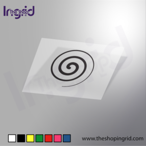 Vista de una pegatina decorativa del diseño de una espiral de hipnosis en varios colores.