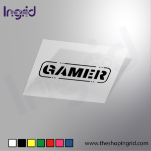 Vista de una pegatina decorativa del diseño tipográfico de Gamer en varios colores.