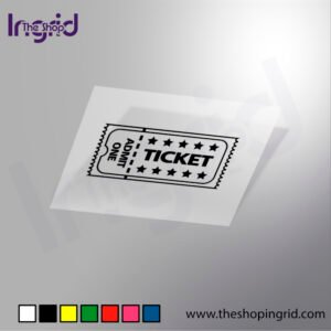 Vista de una pegatina decorativa con el diseño de un Ticket en varios colores.